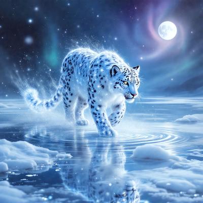Primary subject: A white snow leopard walking on a frozen lake.

Setting/background: The snow leopard is walking on a frozen lake, with a night sky visible in the background.

Visual style: The image is a digital art or illustration of a snow leopard walking on a frozen lake.

Colors and mood: The image has a cold and serene atmosphere, with the white snow leopard and the frozen lake creating a sense of tranquility and beauty